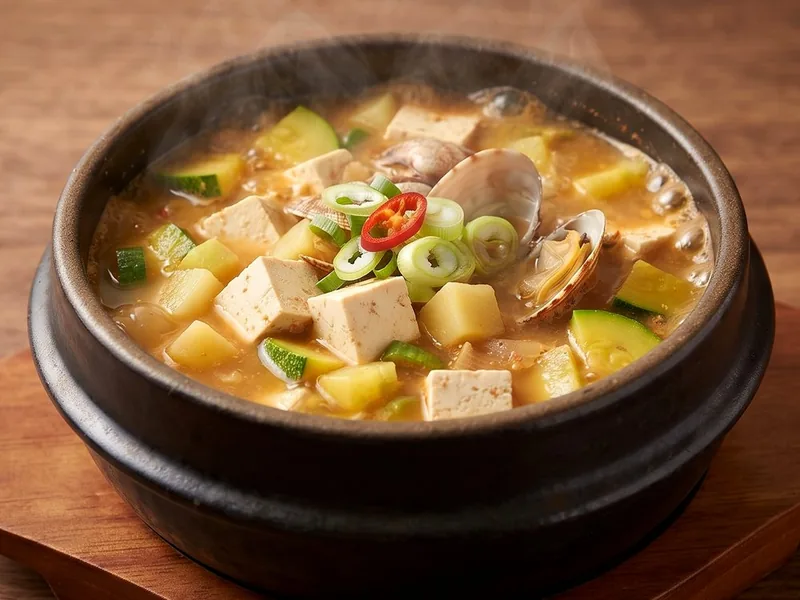 청담채 된장찌개 — 뚝배기에 두부, 애호박, 조개를 넣고 끓인 된장찌개
