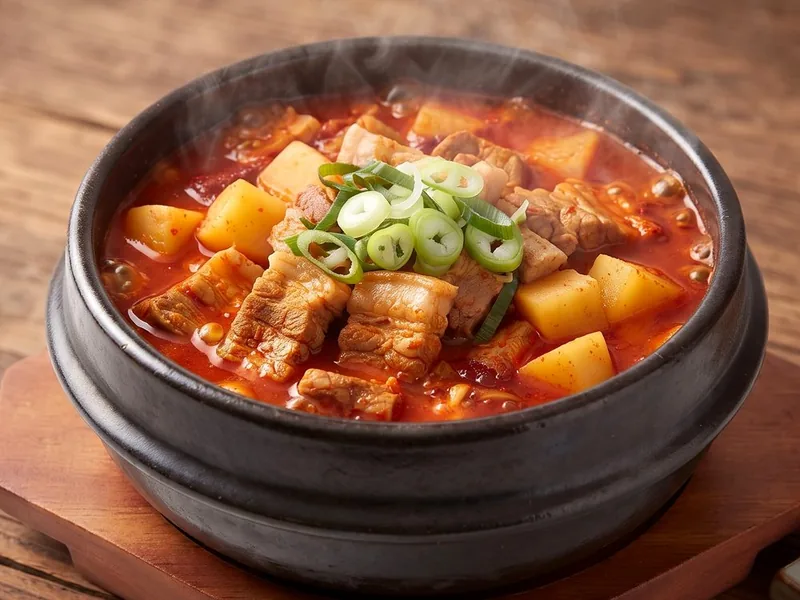 청담채 고추장찌개 — 뚝배기에 돼지고기와 감자를 넣고 얼큰하게 끓인 고추장찌개