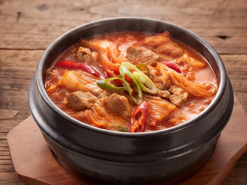 청담채 김치찌개 — 뚝배기에 묵은지와 돼지고기를 넣고 끓인 김치찌개