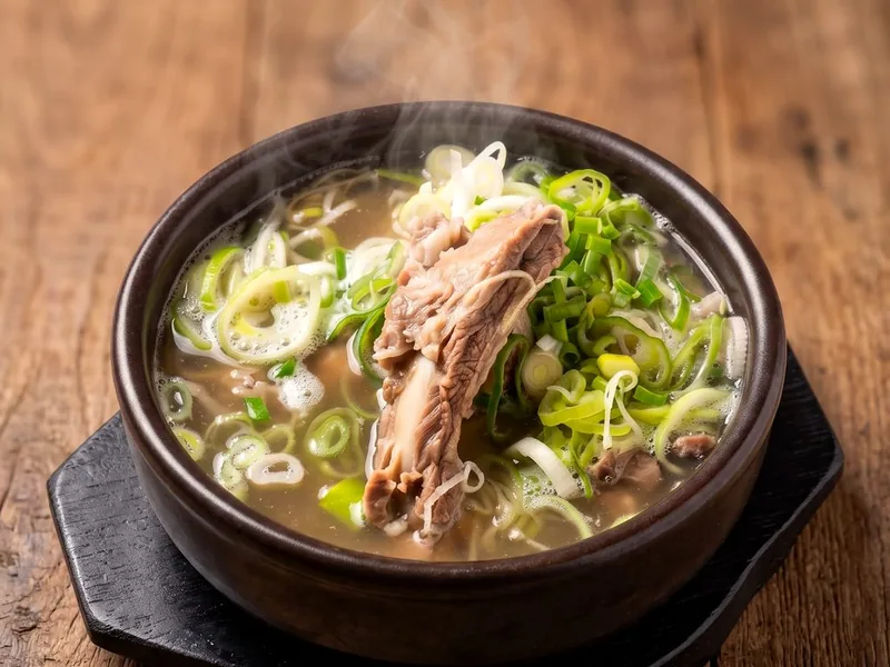 청담채 한국식 바쿠테 — 뚝배기에 돼지갈비와 대파를 듬뿍 올린 맑은 국물 요리