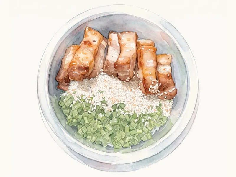 청담채 삼겹구이 솥밥 일러스트 — 솥밥 위에 올린 구운 삼겹살과 쪽파, 참깨