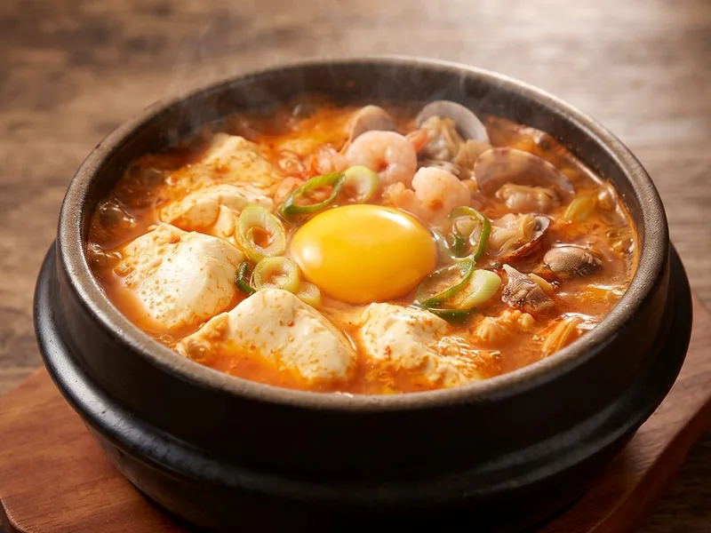 청담채 해물 순두부찌개 — 뚝배기에 순두부와 새우, 조개, 계란 노른자를 올린 순두부찌개